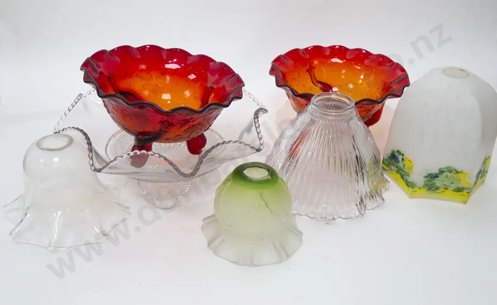 Vintage Glass Lampshades Together With Three Art Glass Bowls Image 1++