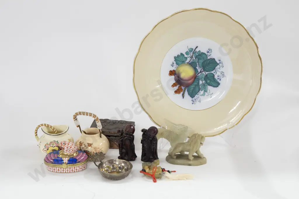 Quantity of Assorted Asian Ornaments on Plate Together With Silver Wine Sipping Cup Image 1++