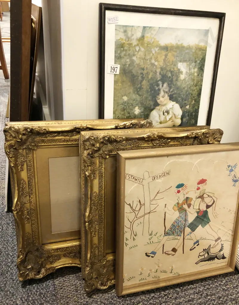 Two Empty Ornate Gilt Frames Together With Needlework and Print Image 1++