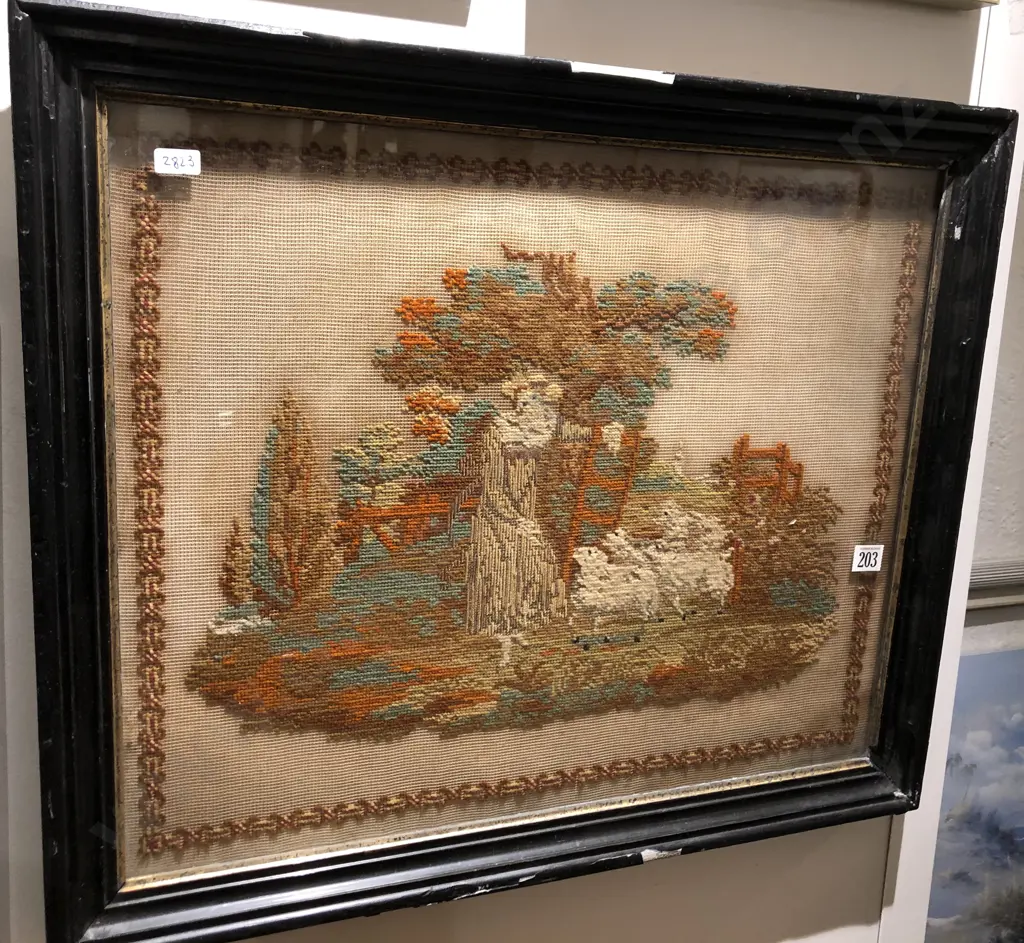 Antique Needlework of Shepherdess and Sheep Image 1++