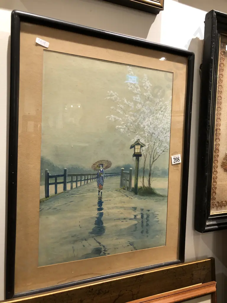 Japanese Watercolor of Woman and Cherry Blossoms Image 1++