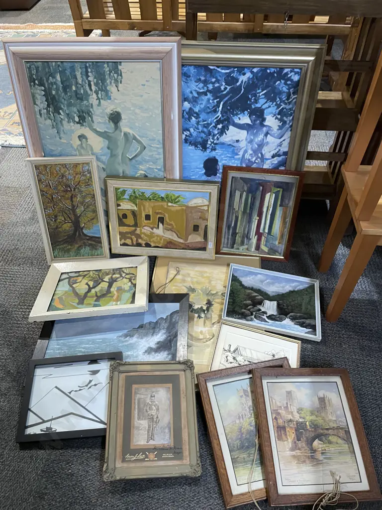 Large Box of Assorted Framed Prints and Originals Image 1++