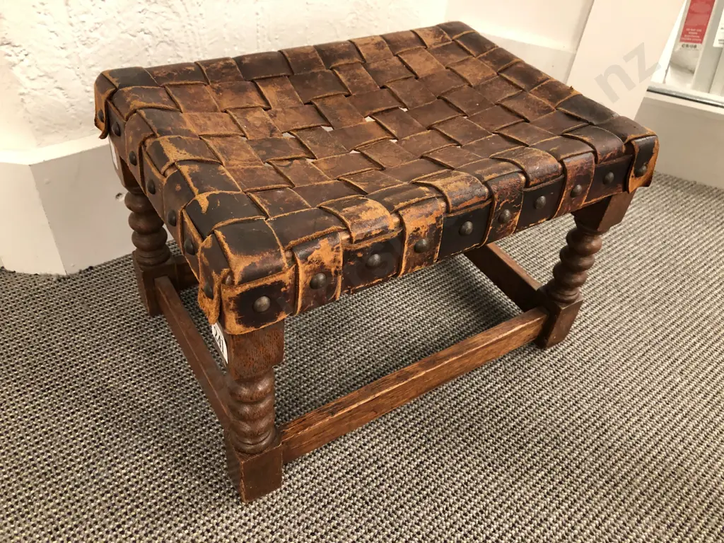 Oak Footstool With Strapwork Leather Top Image 1++