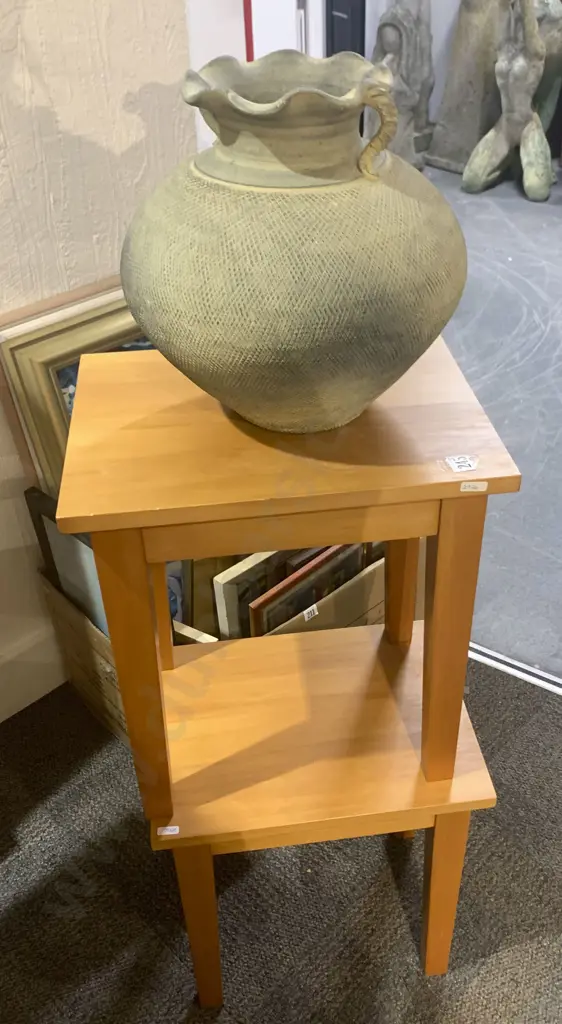 Pair of Small Rimu Side Tables and Flower Pot Image 1++