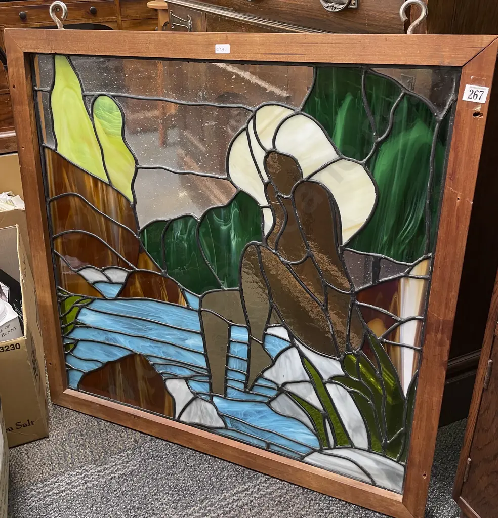Framed Leadlight Panel of Figure by Lake Image 1++