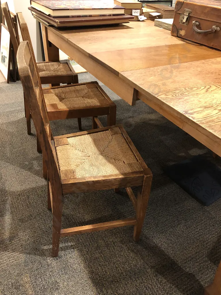 Edwardian Oak Extension Dining Table and Seven Rush Seat Chairs Image 1++