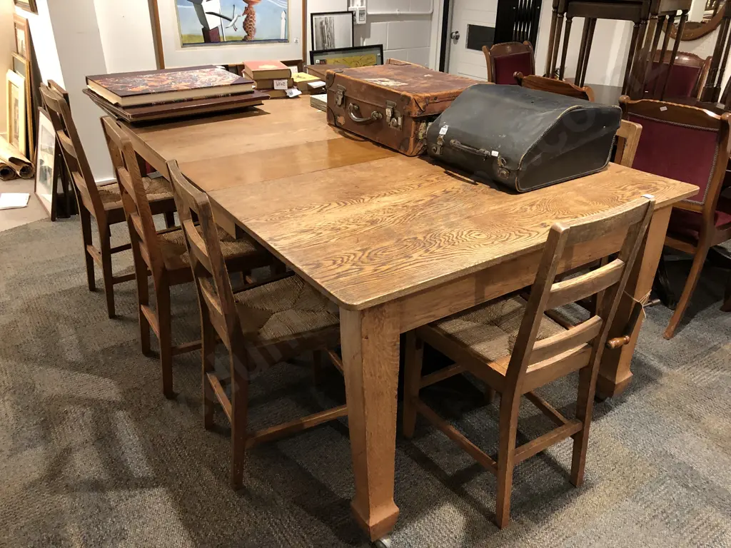 Edwardian Oak Extension Dining Table and Seven Rush Seat Chairs Image 1++