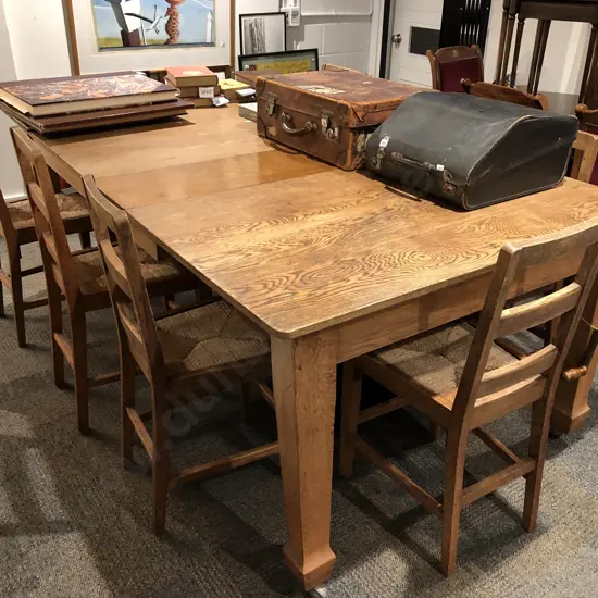 Edwardian Oak Extension Dining Table and Seven Rush Seat Chairs