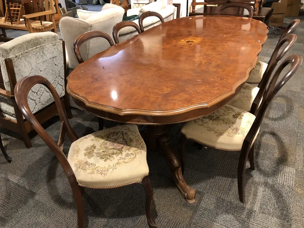 Reproduction Burr Walnut Dining Table and Eight Chairs Image 1++