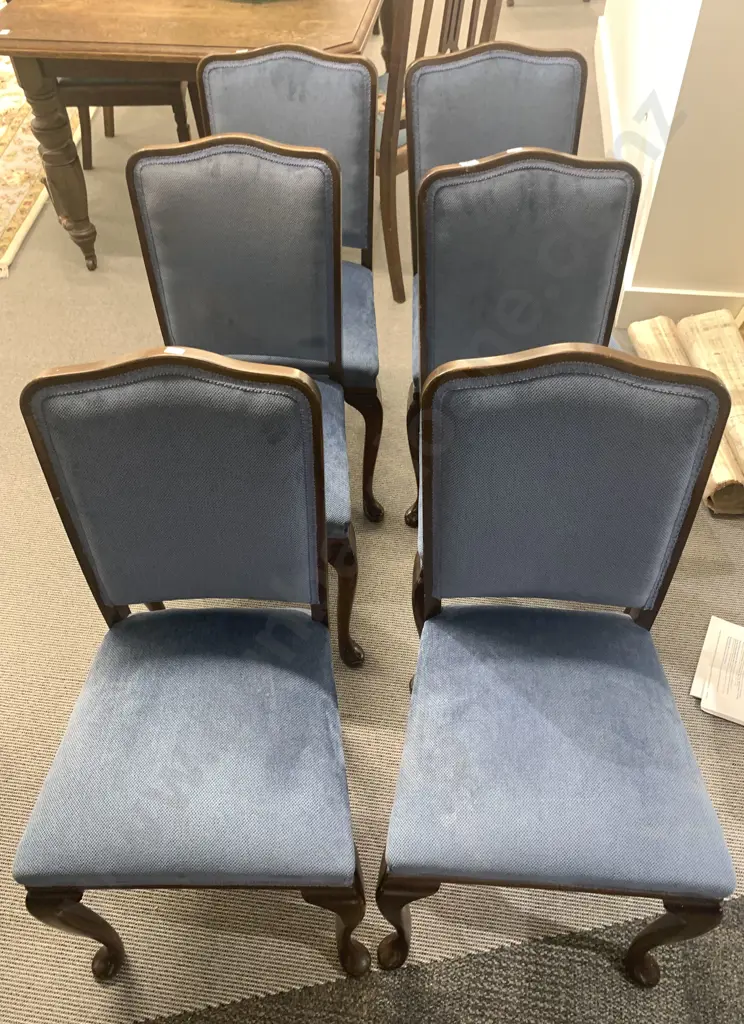 Set of Six Mahogany Dining Chairs Upholstered in Blue Fabric Image 1++