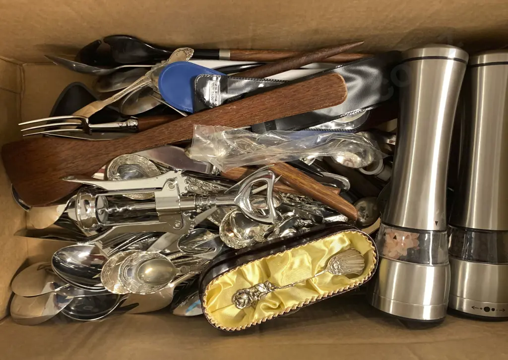 Box of Various Cutlery and Serving Implements Image 1++