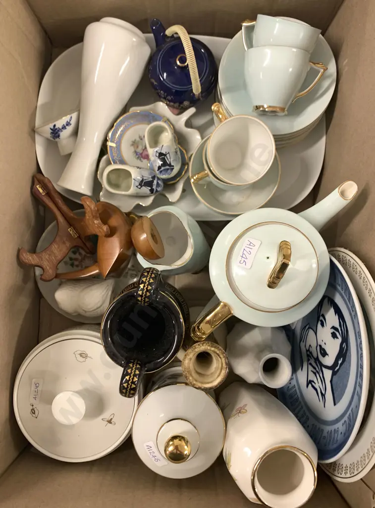 Box of Various China incl. Royal Copenhagen Commemorative Plate Image 1++