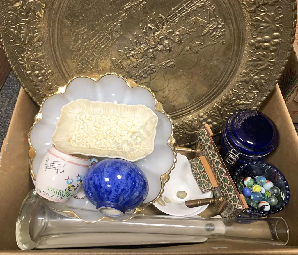 Box of Assorted China and Assorted incl. Embossed Brass Wall Hanging Image 1++