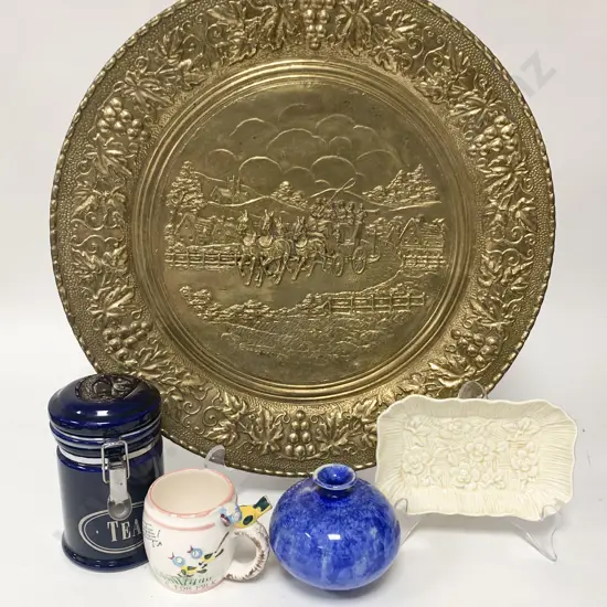 Box of Assorted China and Assorted incl. Embossed Brass Wall Hanging