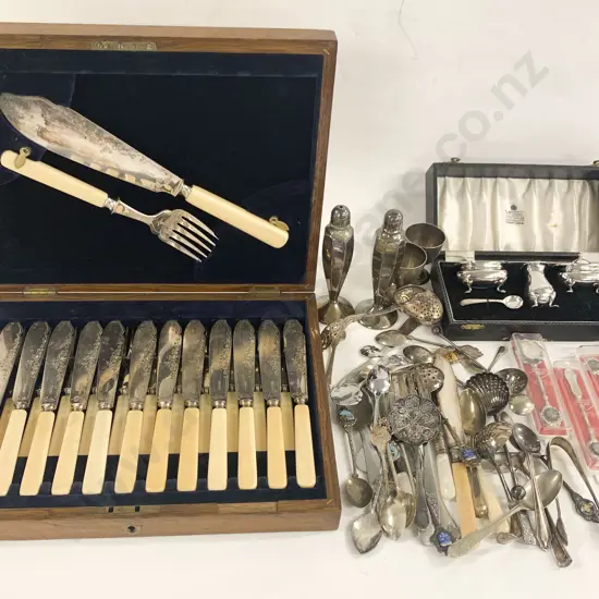 Cased Set of Bone Handled Cutlery Together With Cruet Set and other Various Silver Plate