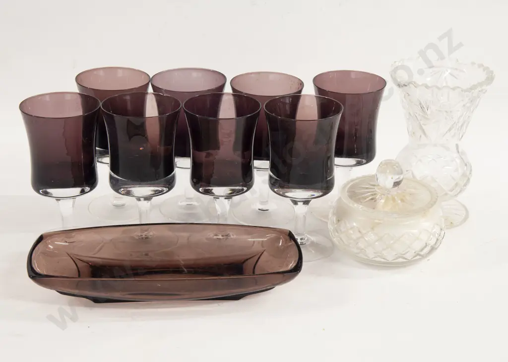 Eight Mid 20th Century Amethyst Wine Glasses Together With Tray and Two Other Crystal Pieces Image 1++