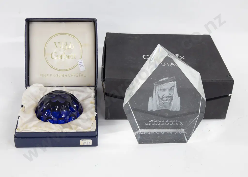 Commemorative Crystal Plaque Together With Webb and Corbett Paperweight Image 1++