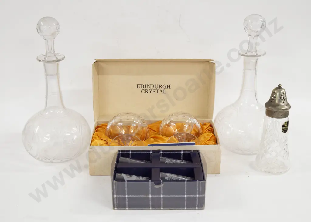 Pair of Glass Decanters With Various Glassware incl. Edinburgh Crystal Liqueur Glasses Image 1++
