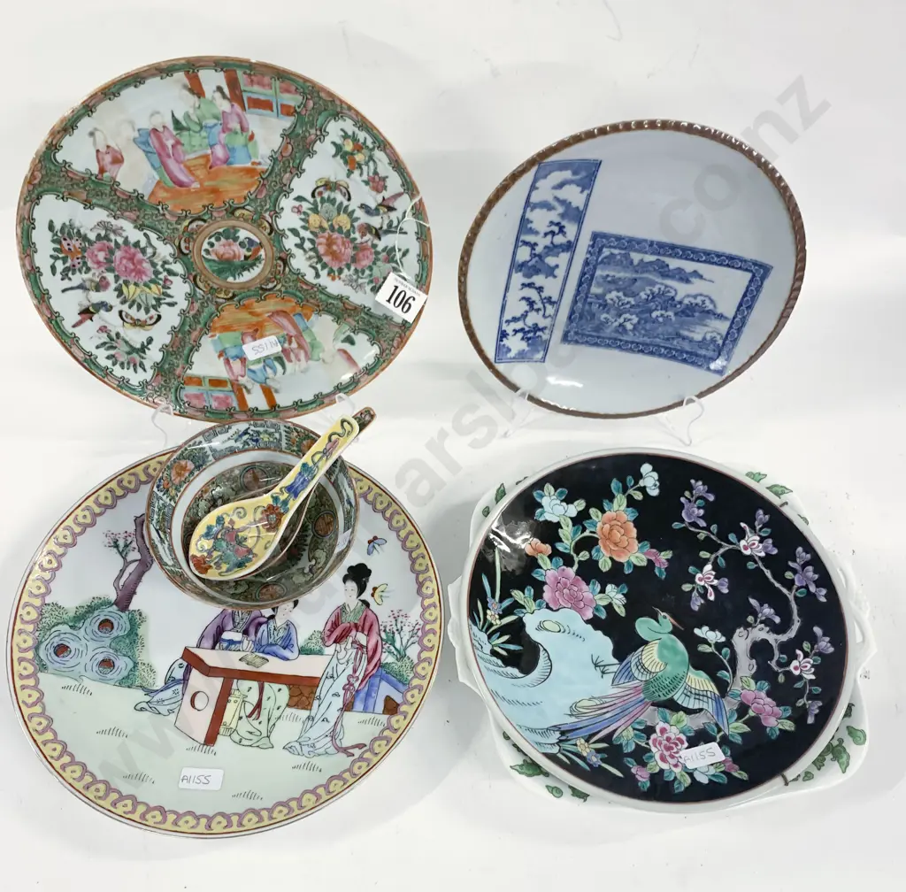Five Various Hand Painted Chinese Plates with Rice Bowl and Two Spoons Image 1++
