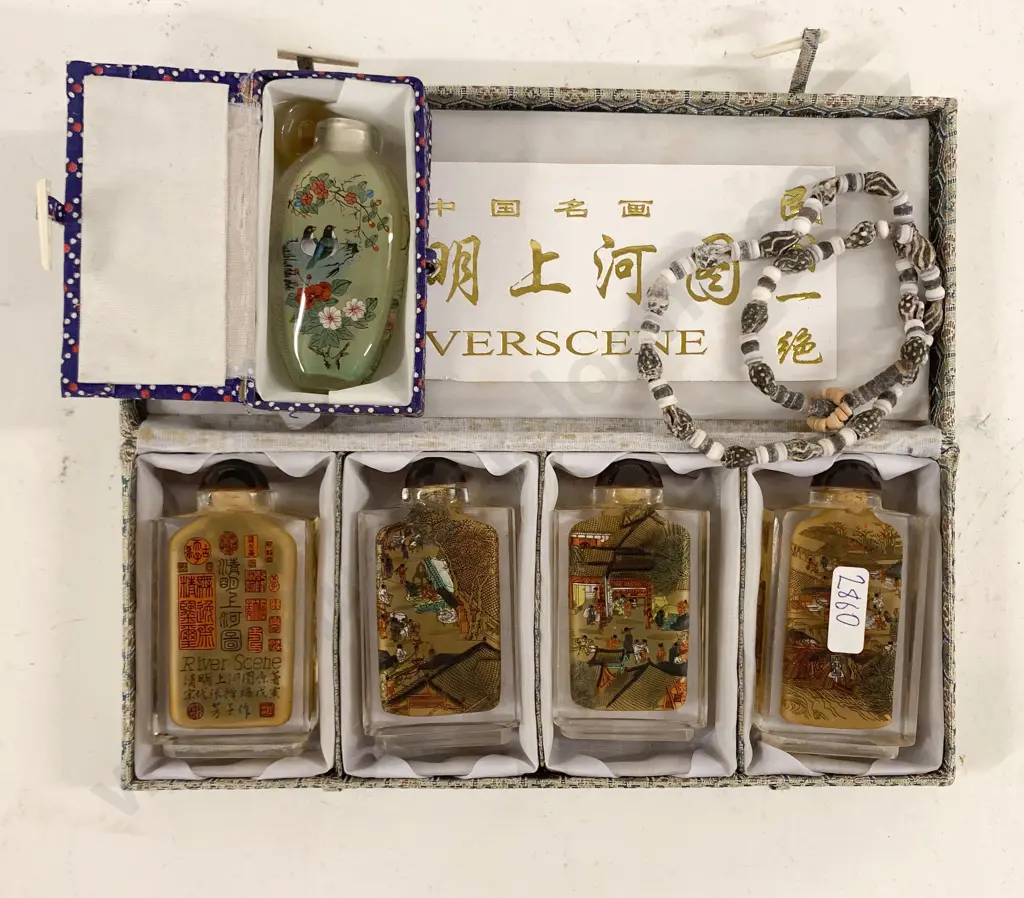 Five Chinese Glass Scent Bottles with Trade Bead Necklace Image 1++