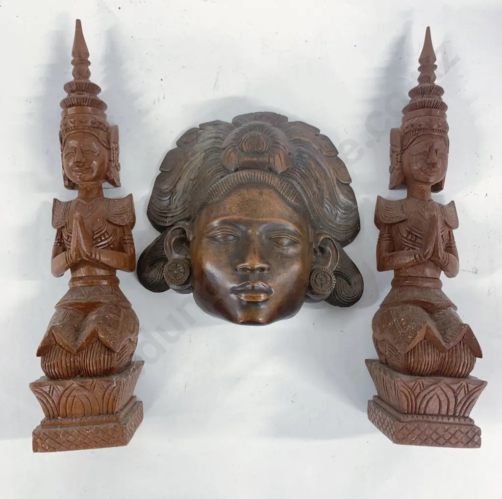 Pair of Thai Kneeling Figures with Wooden Mask Image 1++