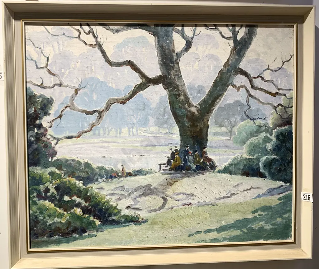 G. Nelson Oil on Canvas of Park Scene (1938) Image 1++