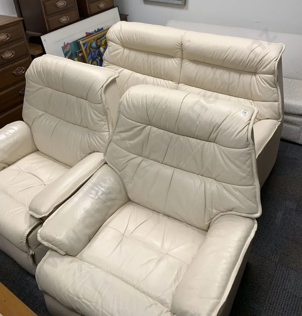 Three Piece Cream Leather Lounge Suite Image 1++