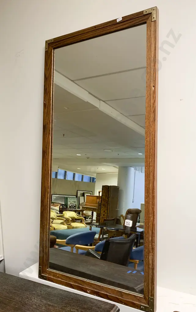 Rectangular Brass Bound Oak Framed Wall Mirror Image 1++