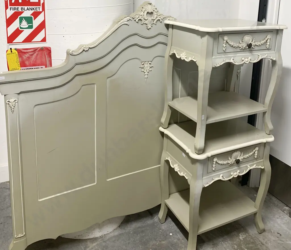 Painted French Style Pair of Bedside Tables Together With Bed Headboard Image 1++