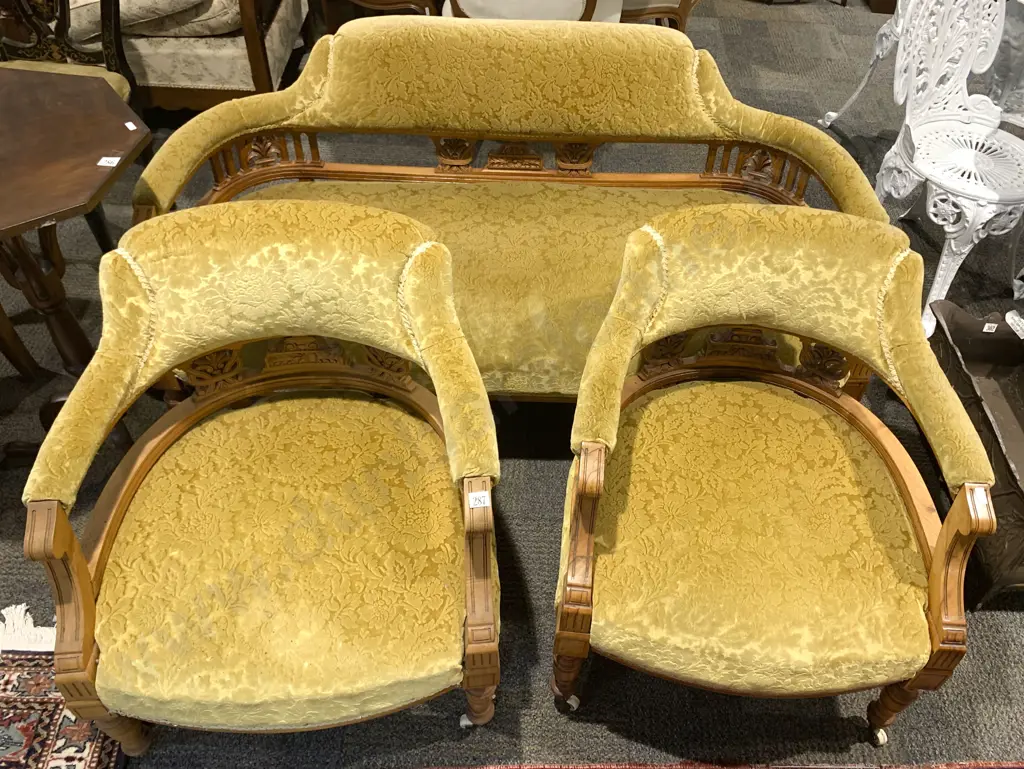 Edwardian Walnut Finely Carved Eight Piece Parlour Suite Image 1++