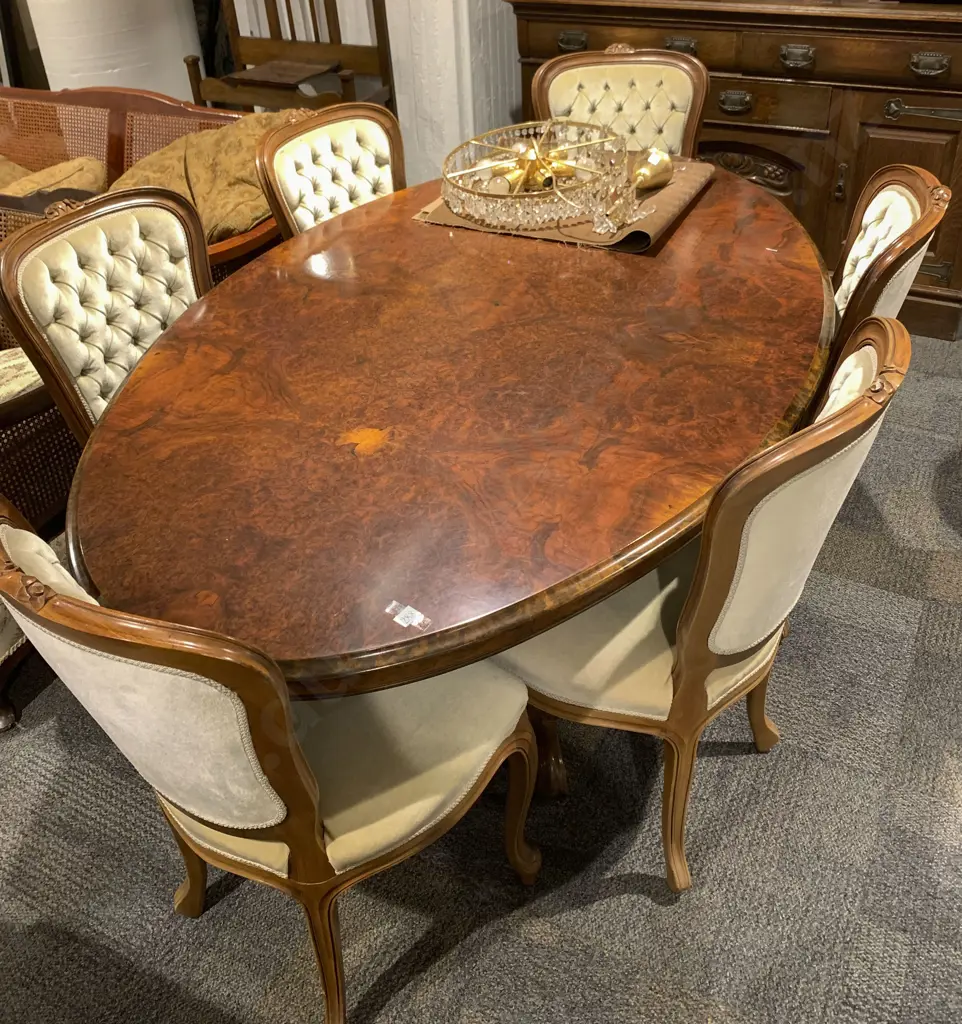 Burr Walnut Oval Dining Table Together With Six Button Back Dining Chairs Image 1++