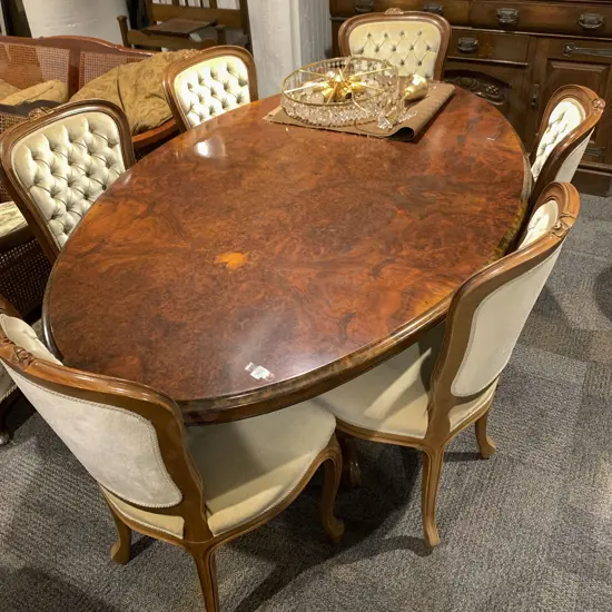 Burr Walnut Oval Dining Table Together With Six Button Back Dining Chairs