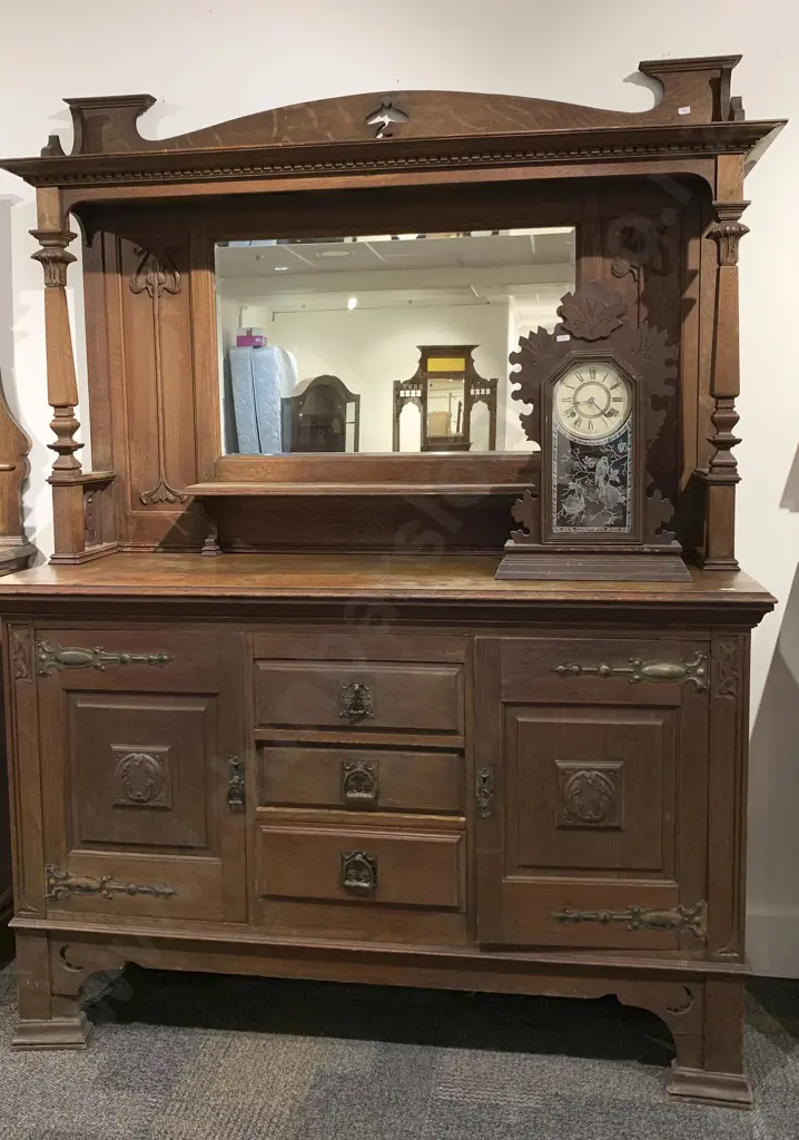 English Art Nouveau Oak Mirror Back Sideboard (Needs Some Restoration) Image 1++