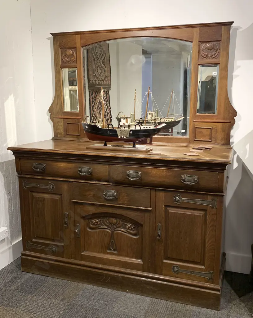 English Art Nouveau Oak Mirror Back Sideboard Image 1++