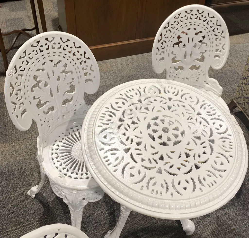 Reproduction Victorian Cast Iron Patio Table & Pair Chairs Image 1++
