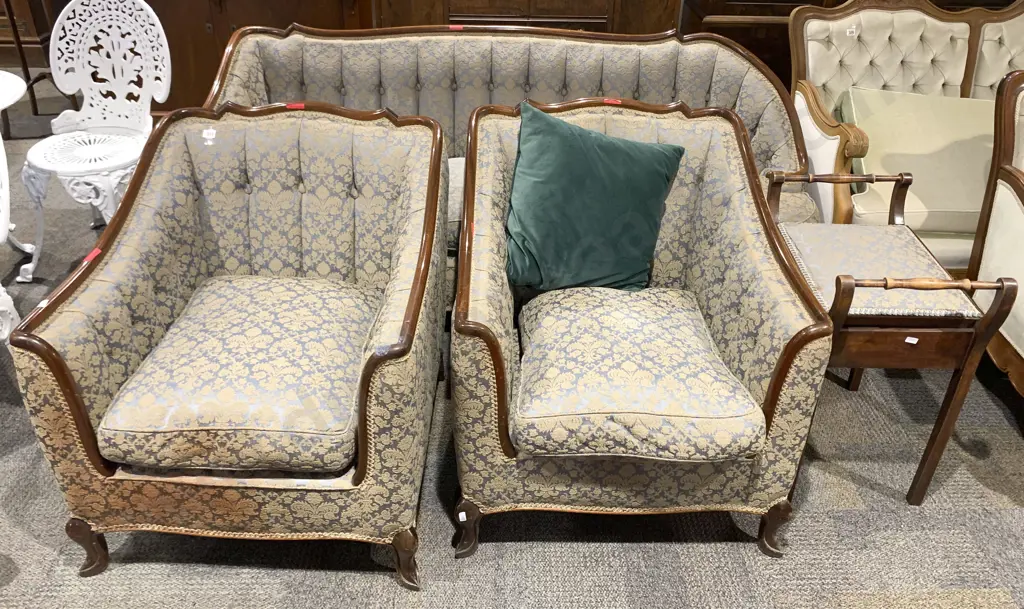 Early-Mid Century Quality Mahogany Framed Three Seater Couch & Two Chairs with Stool Image 1++