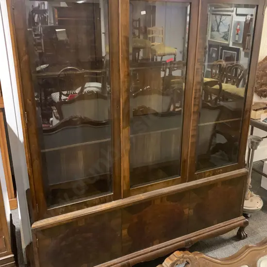 1930s Walnut Three Section Glazed Bookcase Display Cabinet