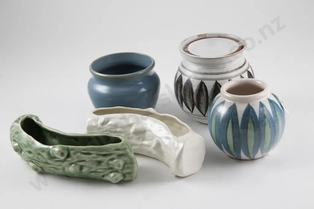 Olive Jones Vase with two Temuka trough vases & two Hamner Pottery vases (5) Image 1++