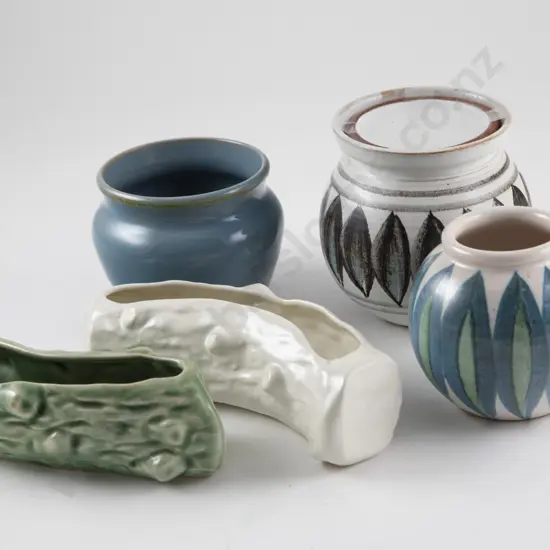 Olive Jones Vase with two Temuka trough vases & two Hamner Pottery vases (5)