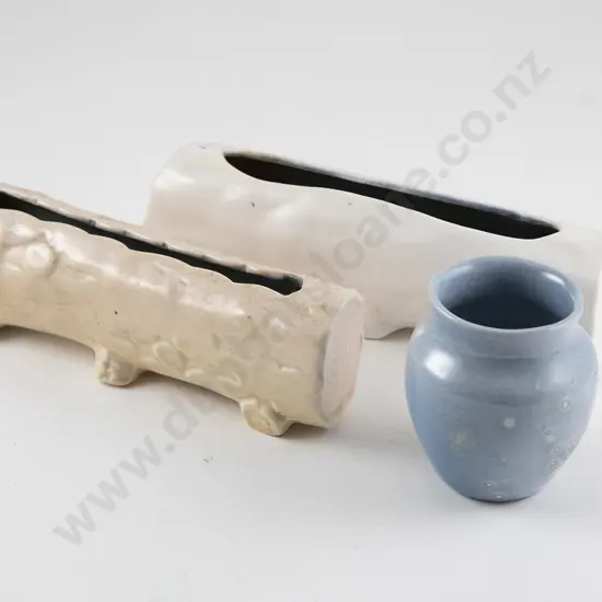 Two O C Stephens Trough Vases formed as logs with Posy Pot
