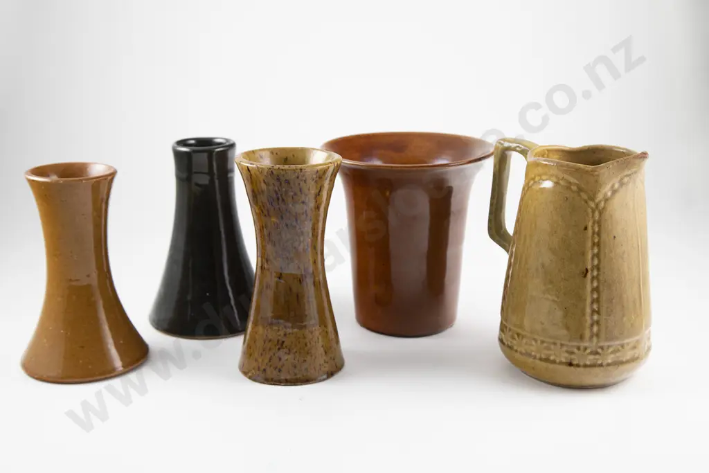Possible Luke Adams Jug with four other Early NZ Pottery Vases (5) Image 1++