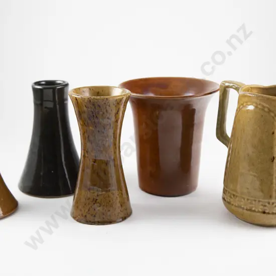 Possible Luke Adams Jug with four other Early NZ Pottery Vases (5)