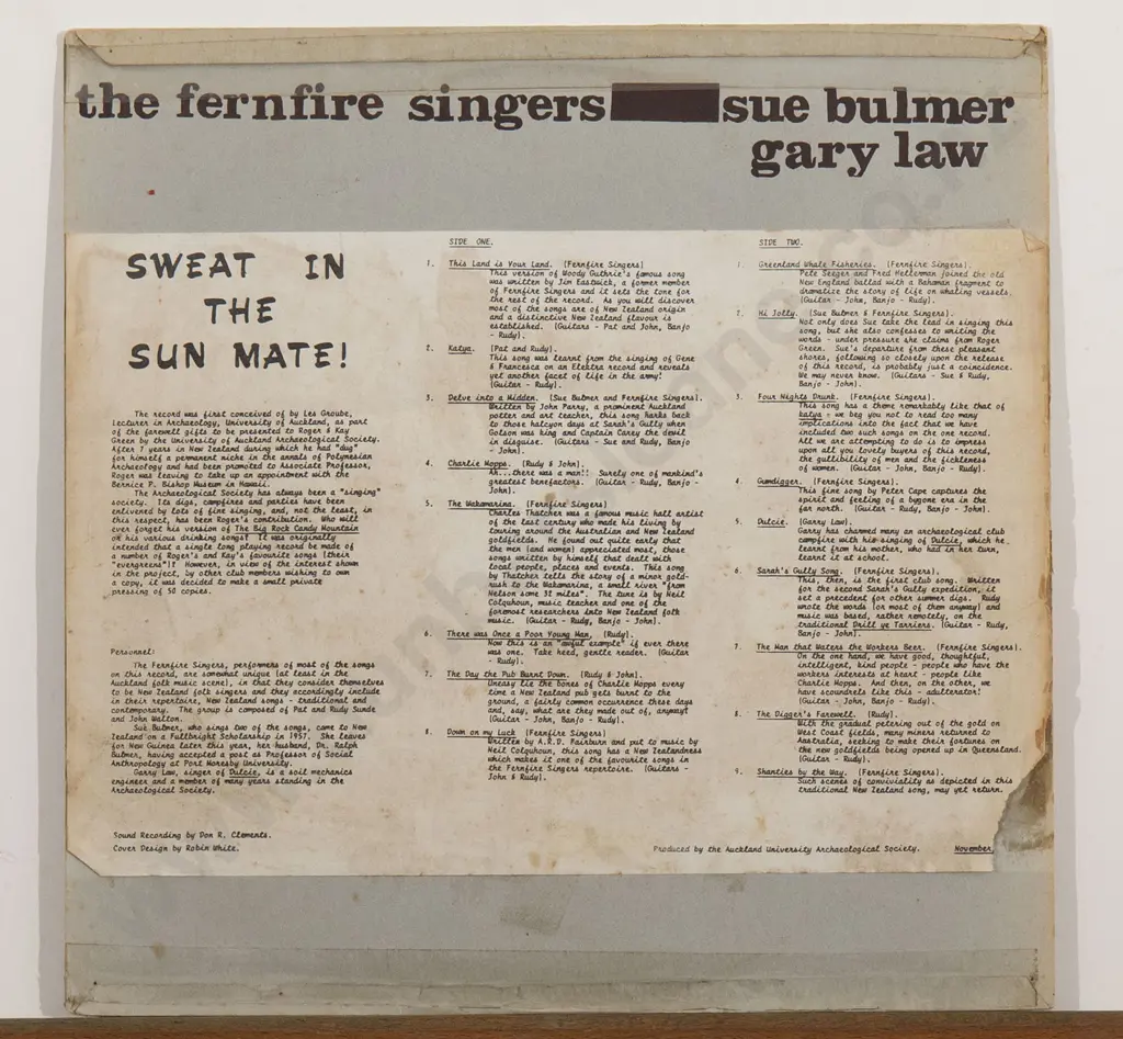 Robin White - 'Sweat in the sun mate' the Fernfire Singers (Sue Bulmer & Gary Law) LP cover Image 1++