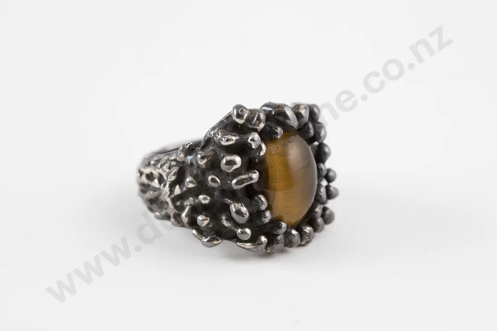 Brutalist Oxidized Silver Ring with inset Tigers Eye Stone Image 1++