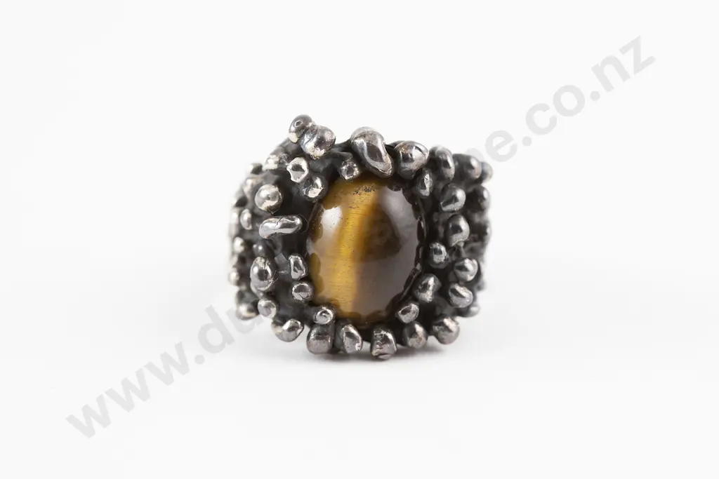 Brutalist Oxidized Silver Ring with inset Tigers Eye Stone Image 1++
