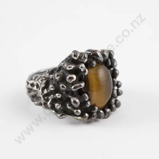 Brutalist Oxidized Silver Ring with inset Tigers Eye Stone
