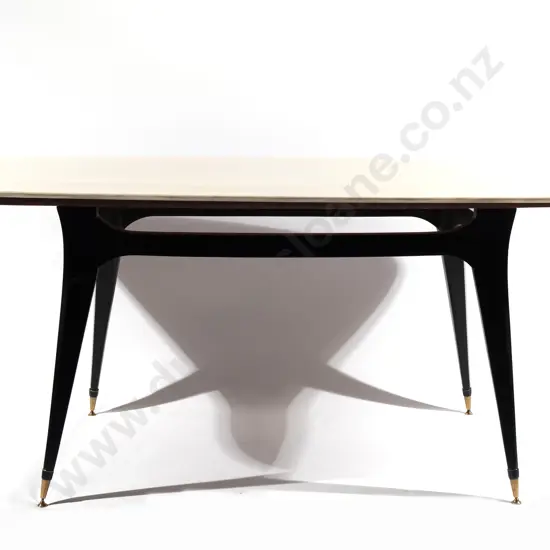 Onyx/marble top on a black lacquered wooden base with brass feet