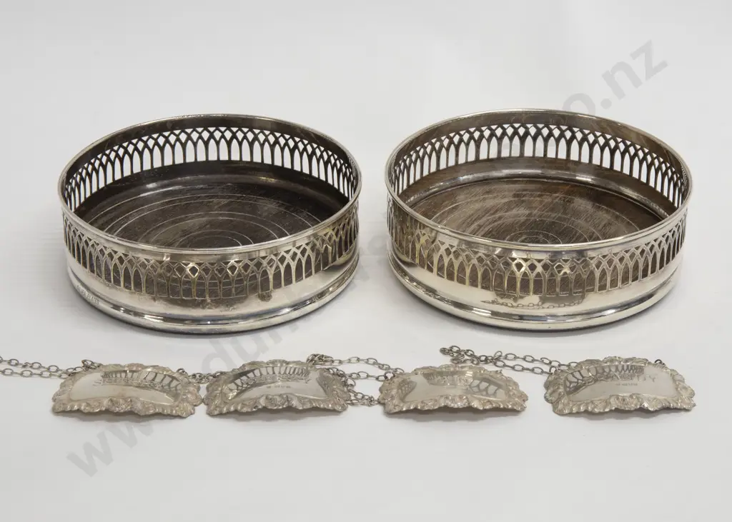 Two Wine Coasters together with Four Sterling Silver Decanter Labels Image 1++