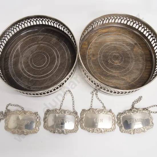 Two Wine Coasters together with Four Sterling Silver Decanter Labels