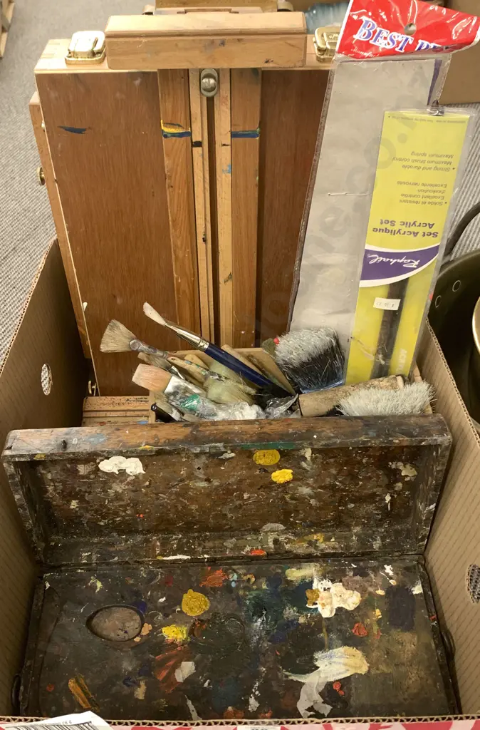 Box of Assorted Art Supplies including Easel Image 1++